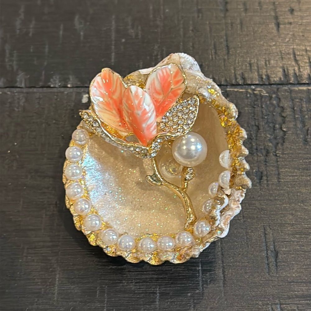 Unique Handcrafted Pearl Flower Rhinestones Pin Brooch in Shell One of a Kind​